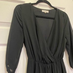 Quarter sleeve black maxi dress with mesh overlay and side slit